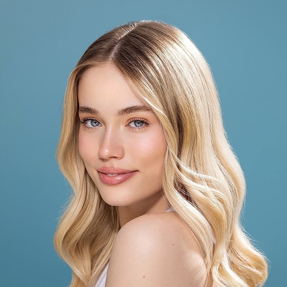 Model posing in studio, gray outfit, seated.